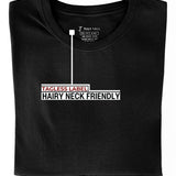A close up of the tagless itch-free black tall t-shirt neck label.