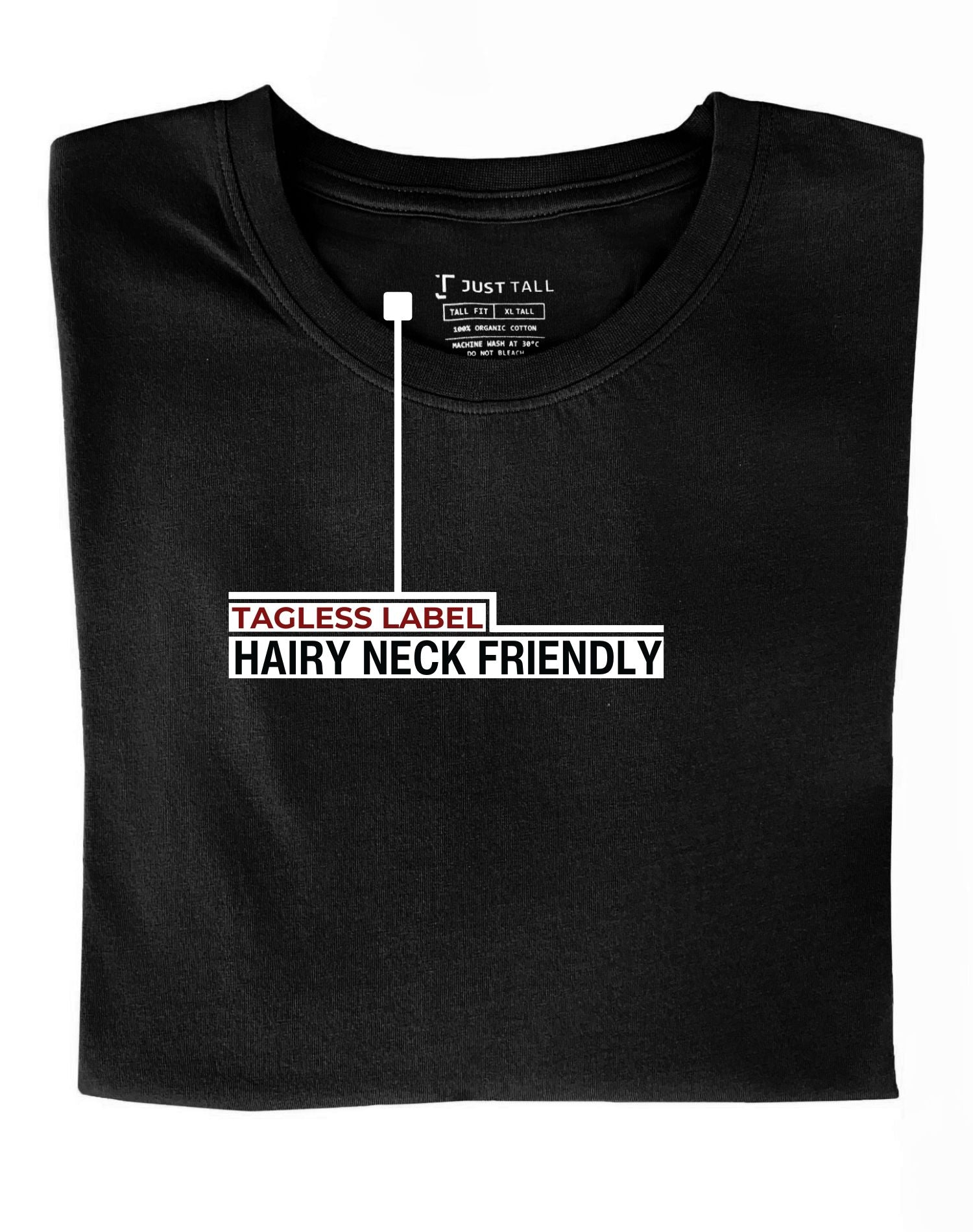 A close up of the tagless itch-free black tall t-shirt neck label.