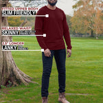 A head to toe shot of a tall athletic guy wearing an XL tall maroon long sleeve t-shirt, standing in a park and looking down at the Just Tall logo.
