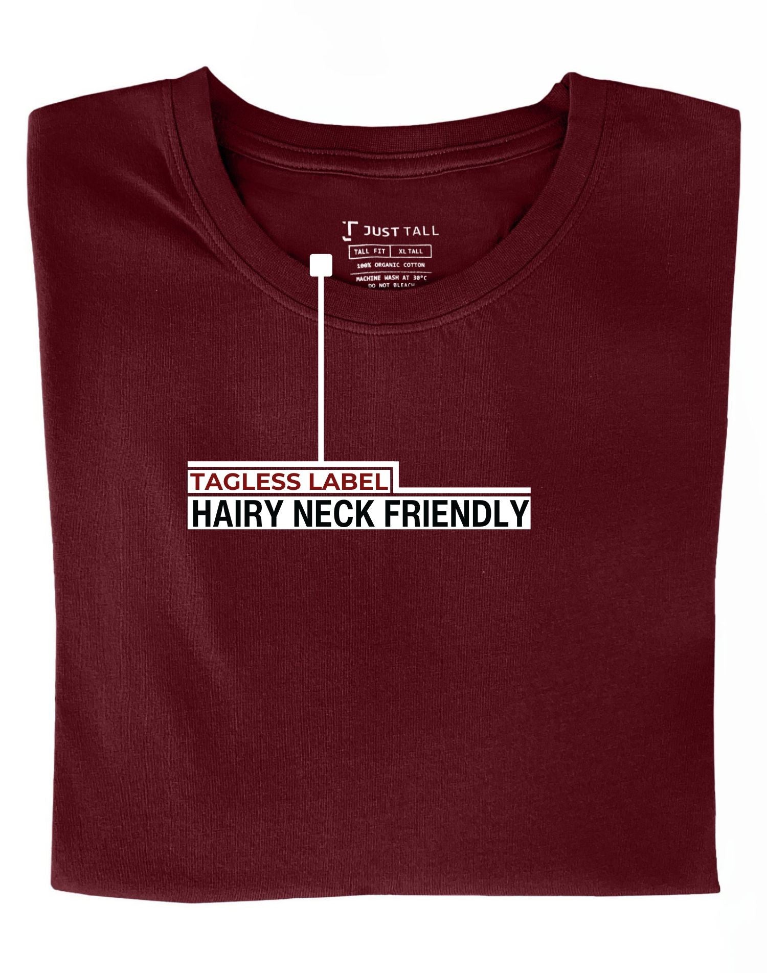 A close-up of a Just Tall maroon long sleeve t-shirt.