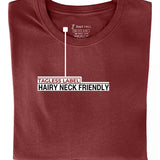 A close up of the tagless itch-free dark orange tall t-shirt neck label.