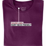 A close up of the tagless itch-free dark purple tall t-shirt neck label.