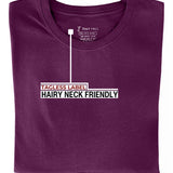 A close up of the tagless itch-free dark purple tall t-shirt neck label.