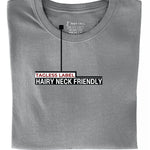 A close up of the tagless itch-free light grey tall t-shirt neck label.