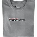 A close up of the tagless itch-free light grey tall t-shirt neck label.