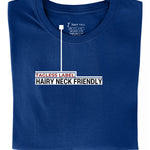 A close up of the tagless itch-free navy tall t-shirt neck label.