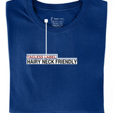 A close up of the tagless itch-free navy tall t-shirt neck label.