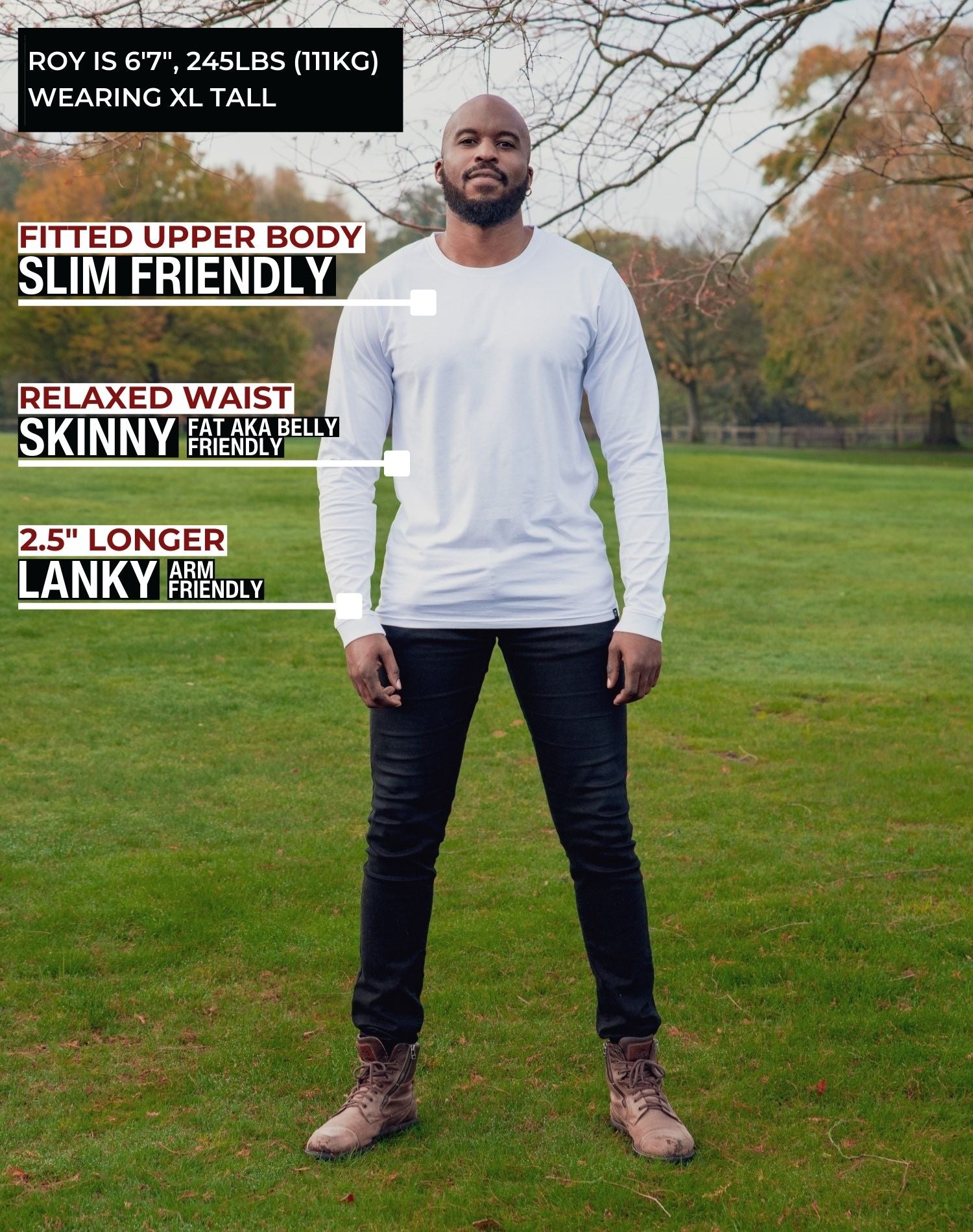 A head to toe shot of a tall athletic guy in a park wearing a white long sleeve tall t-shirt.