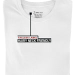 A close up of the tagless itch-free white tall t-shirt neck label.