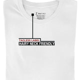 A close up of the tagless itch-free white tall t-shirt neck label.