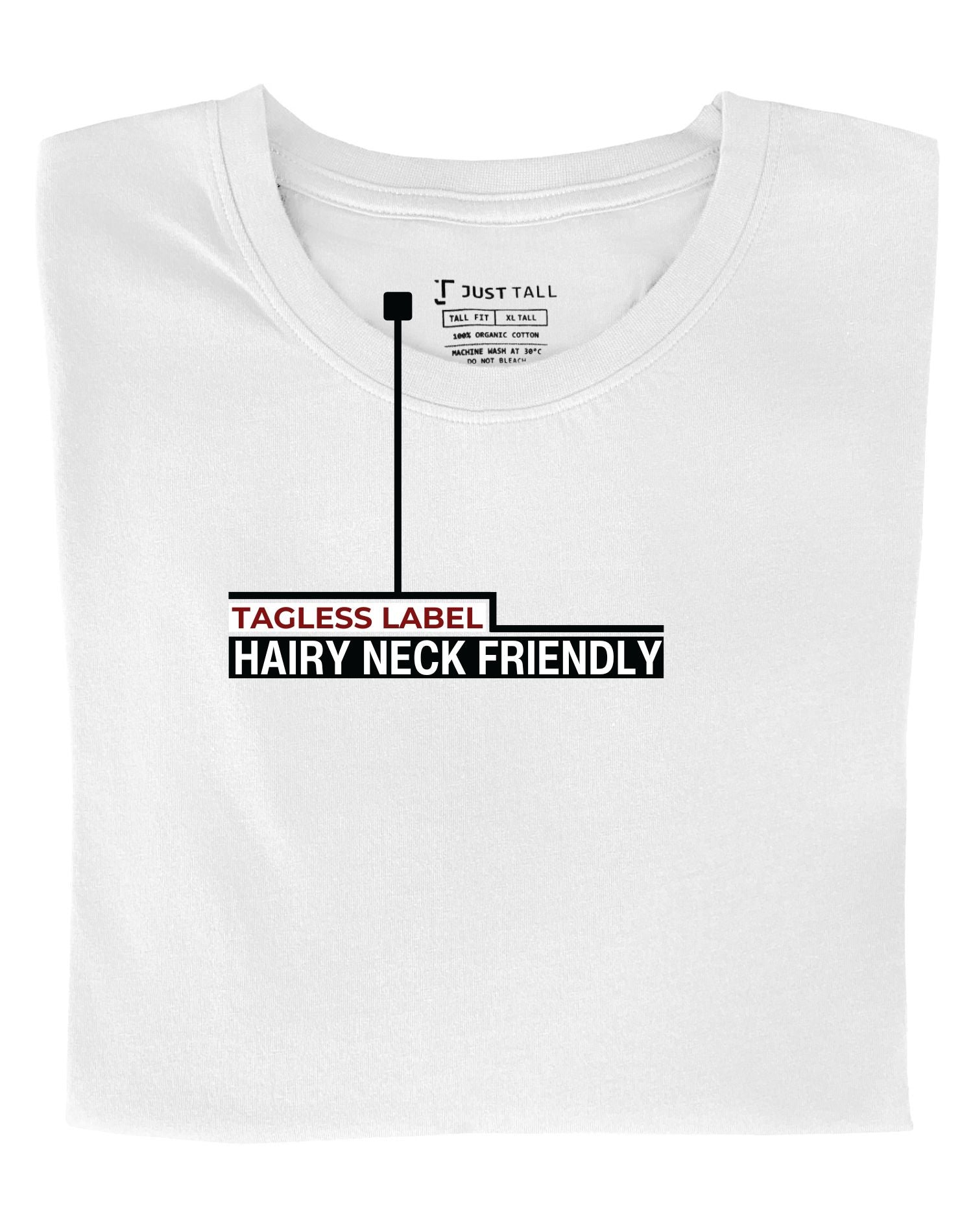 A close up of the tagless itch-free white tall t-shirt neck label.