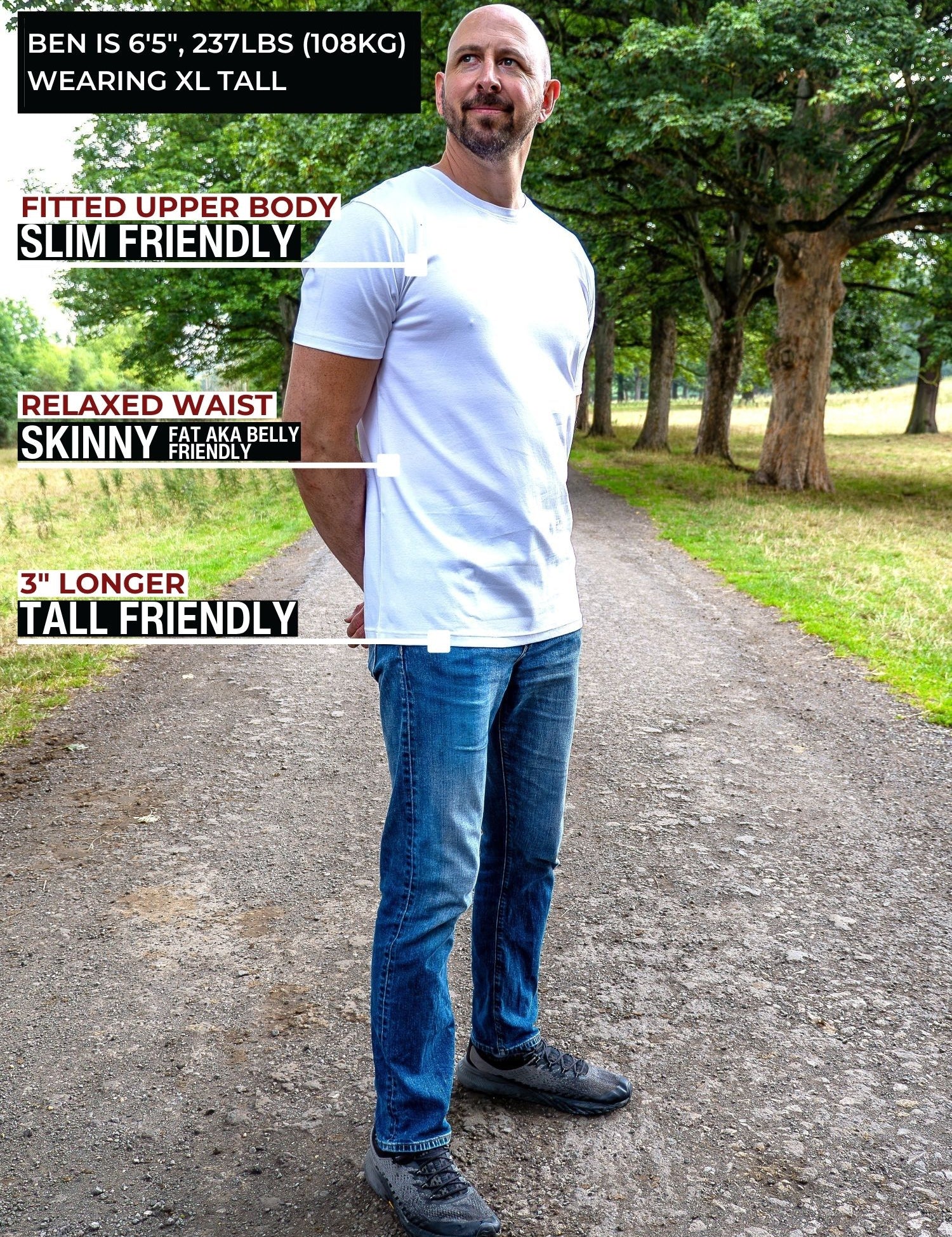 A tall man standing on a park path wearing a white fitted short-sleeve t-shirt and blue jeans, with text callouts describing the shirt's fit and length.
