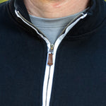 A close-up of the quarter zip collar and the durable metal zipper.