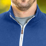 A close-up of the quarter zip collar and the A close-up of the quarter zip collar and the durable metal zipper. metal zipper.