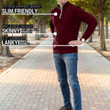 A head to toe shot of a tall slim guy in a park wearing an XL tall extra long maroon quarter zip sweatshirt.