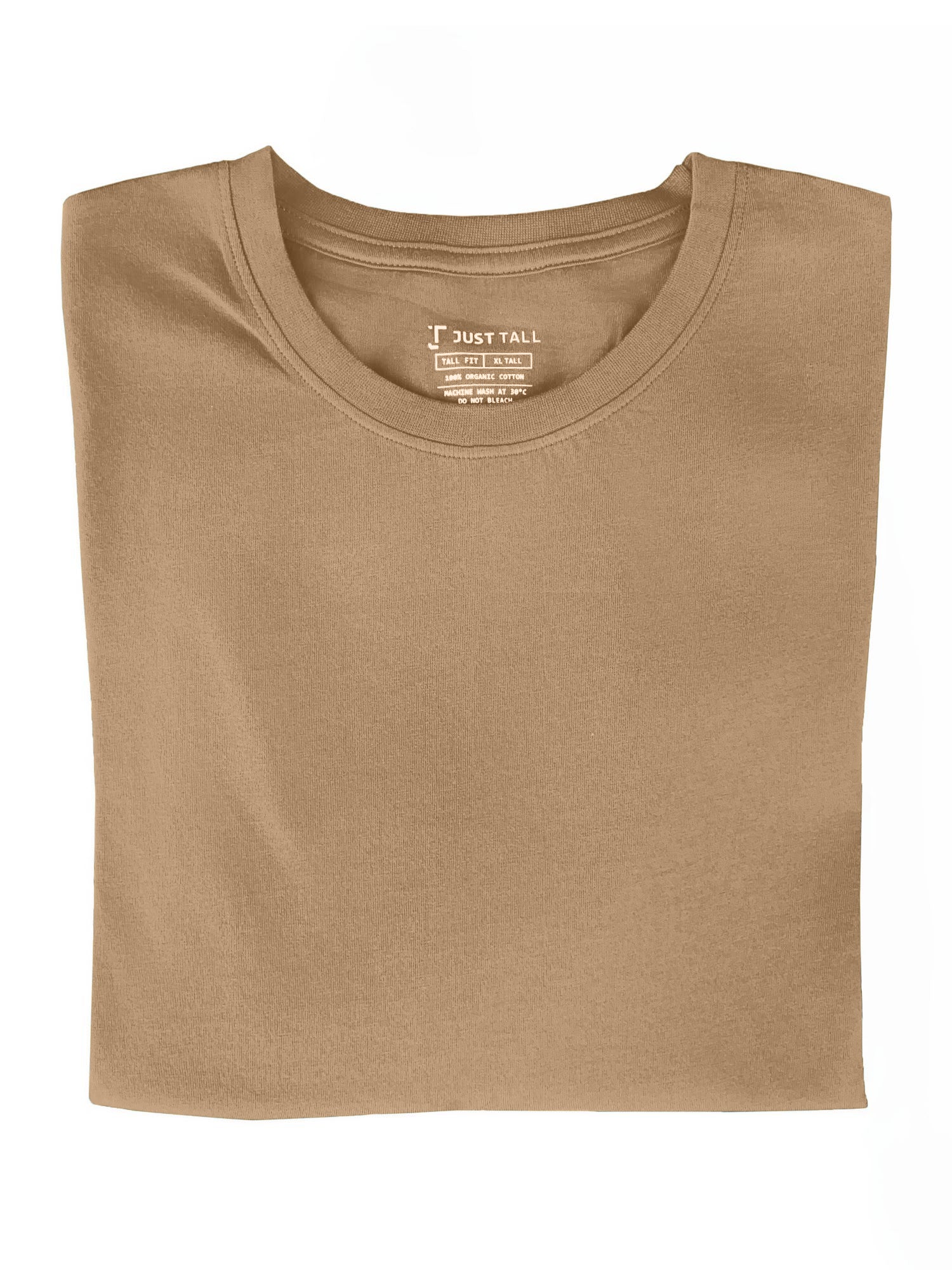 A close-up of a tan tall t-shirt.