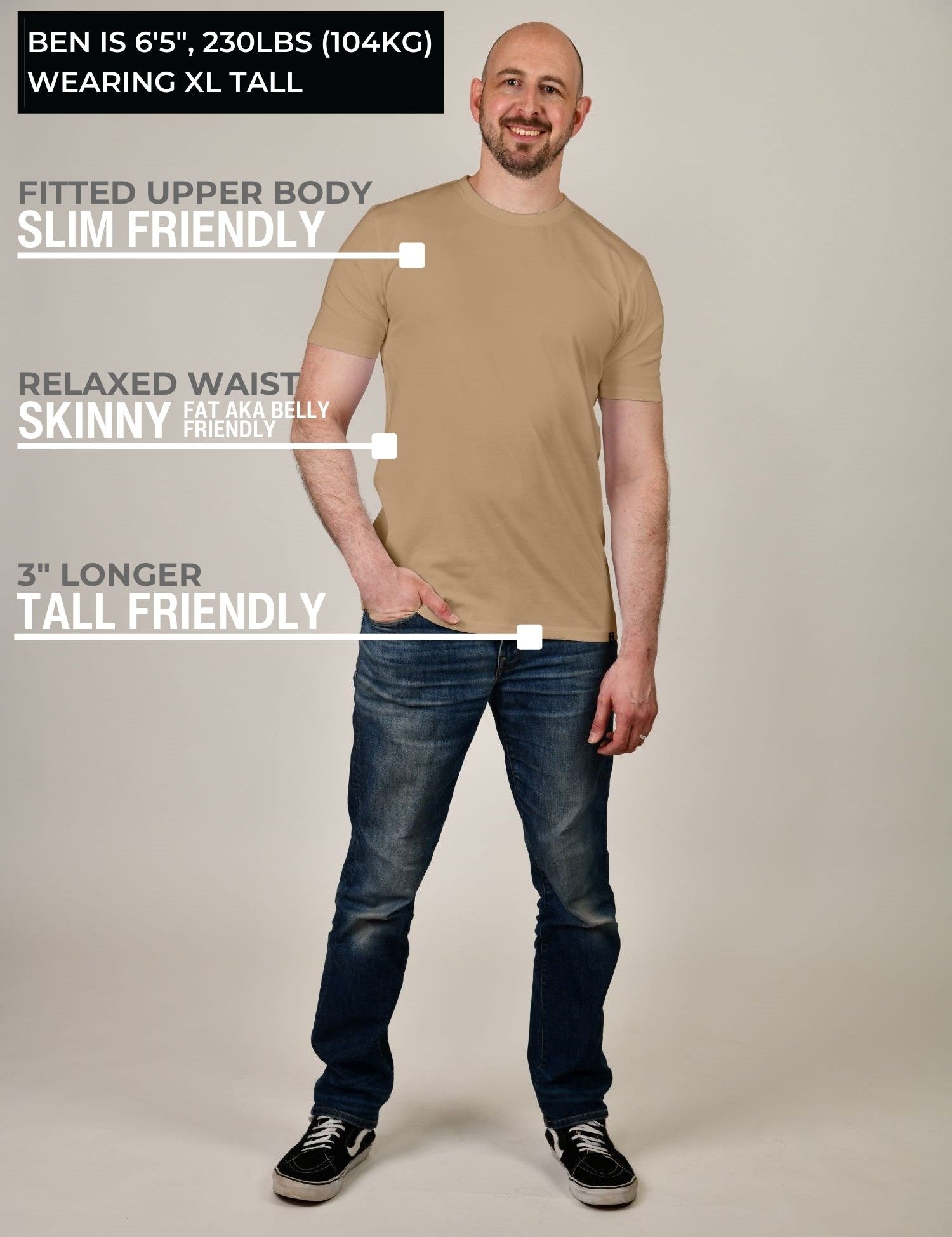 A head to toe shot of a tall athletic guy wearing a tan XL tall t-shirt.