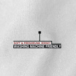 A close up of the white jersey fabric that is soft, preshrunk and washing machine friendly.
