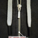 A close up of a black tall slim hoodie with a YKK zipper.