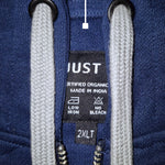 A close up of a dark navy tall slim hoodie with light grey drawstrings.