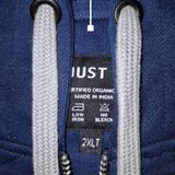 A close up of a dark navy tall slim hoodie with light grey drawstrings.