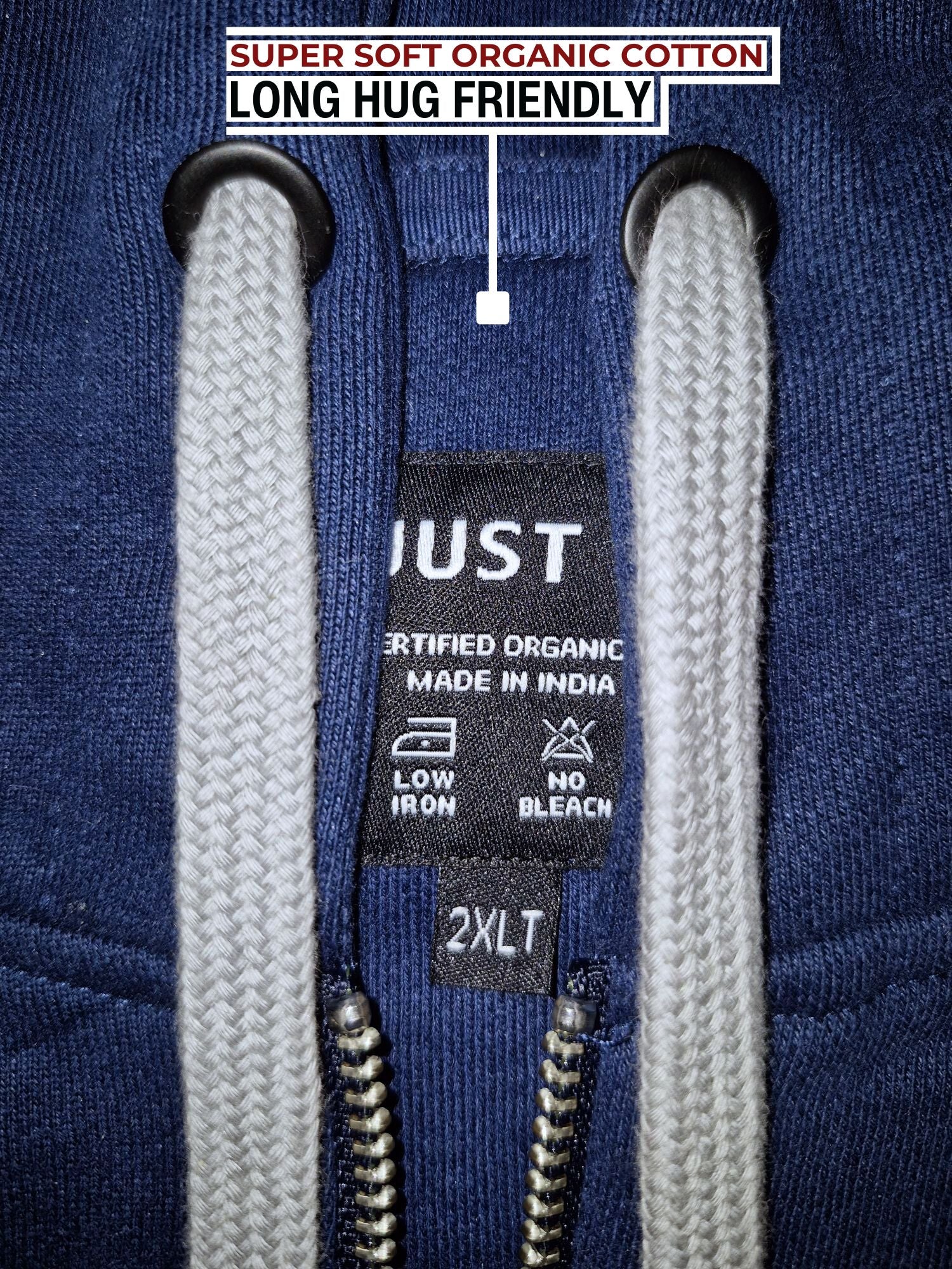 A close up of a dark navy tall slim hoodie with light grey drawstrings.