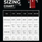 Polo sizing chart on a black background with a size table from S Tall to 2XL Tall and measurements for chest, length, width, and sleeve width. A small polo shirt diagram with measurement labels A, B, and C appears at the top right.
