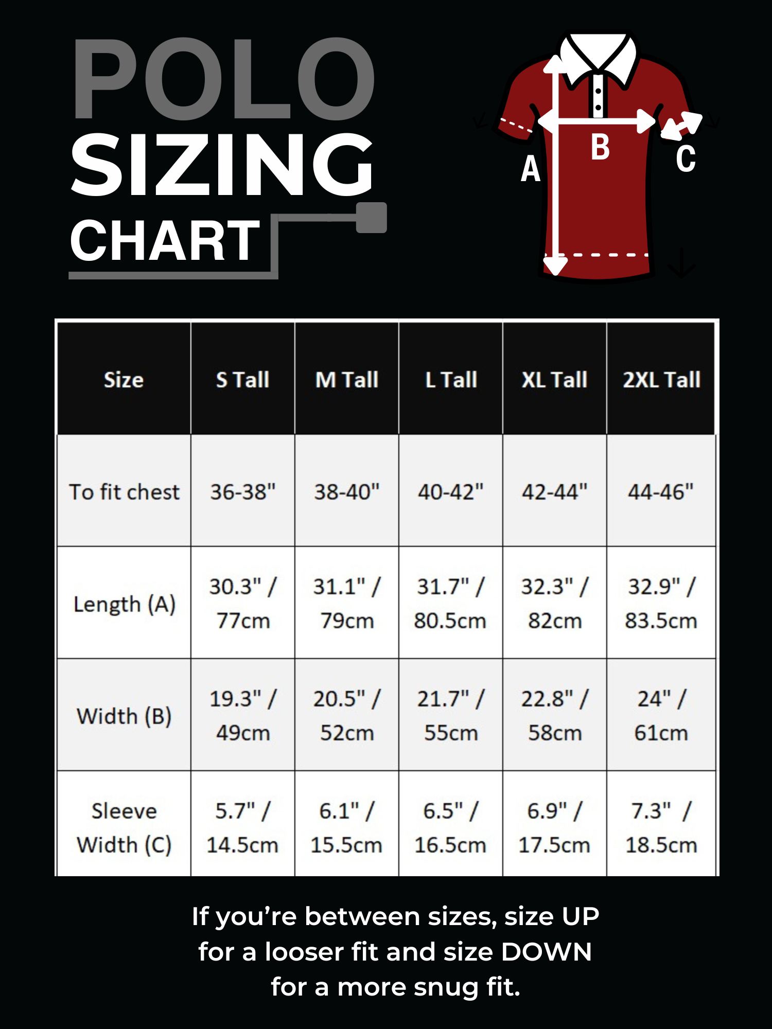 Polo sizing chart on a black background with a size table from S Tall to 2XL Tall and measurements for chest, length, width, and sleeve width. A small polo shirt diagram with measurement labels A, B, and C appears at the top right.