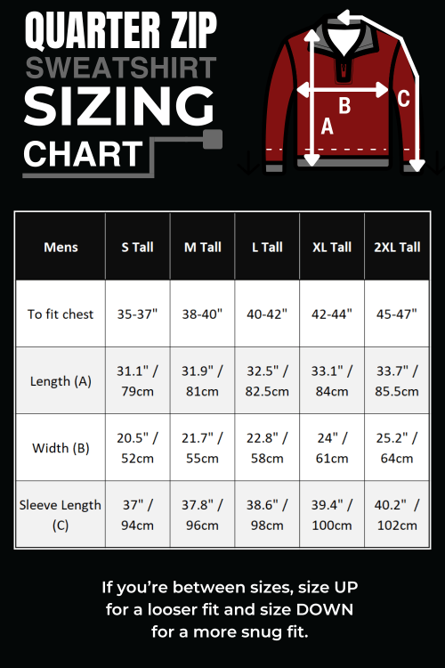 Size chart for our quarter zip sweatshirts.