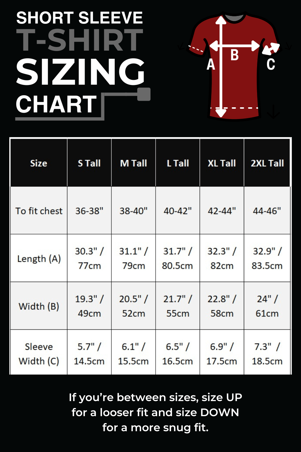 Size chart for short sleeve tall t-shirts