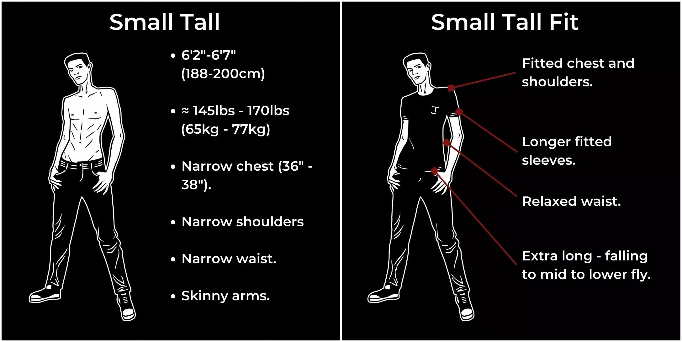 Small tall for tall and skinny guys 145-170lbs and 6'2"-6'7".