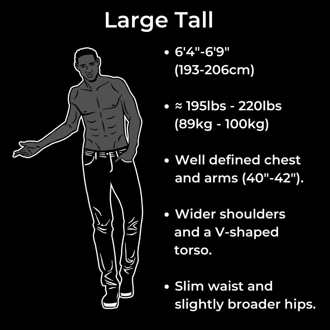 A tall athletic guy has a slim waist and slightly broader hips, a well defined chest and arms, and wider shoulders with a V-shaped torso. Weighing around 195-220lbs (89-100kg).