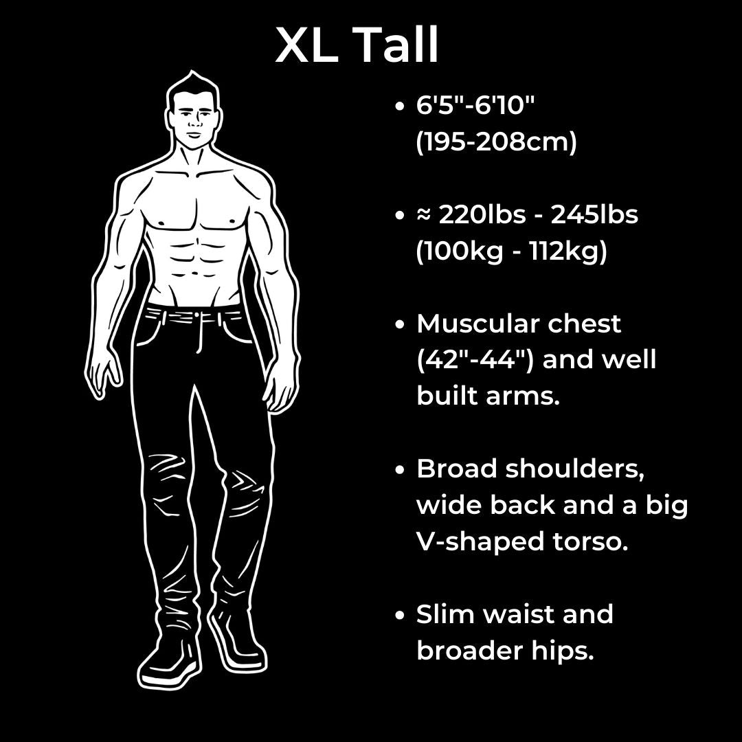 A tall muscular guy has a slim waist and broader hips, a muscular chest, and well built arms. He also has broad shoulders, a wide back and a big V-shaped torso. Weighing around 220-245lbs (100-112kg).