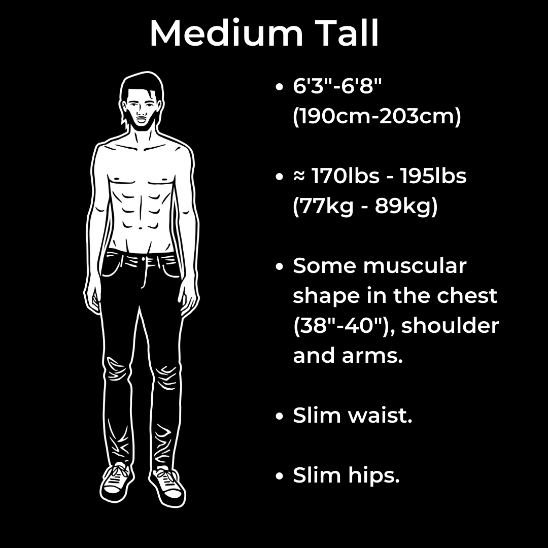 A tall slim guy has a slim waist, hips and some muscular shape in the chest, shoulders and arms. Weighing around 170-195lbs (77-89kg).