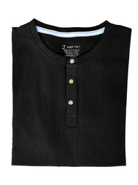 Thumbnail for A close up of a tall black short sleeve henley shirt.