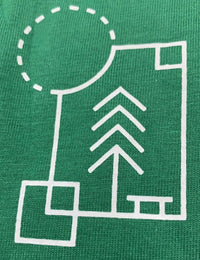Thumbnail for A close up shot of the graphic on the upper left chest of the t-shirt: a volleyball, a tree, a park bench, a rectangle and the Sun at the top left corner.