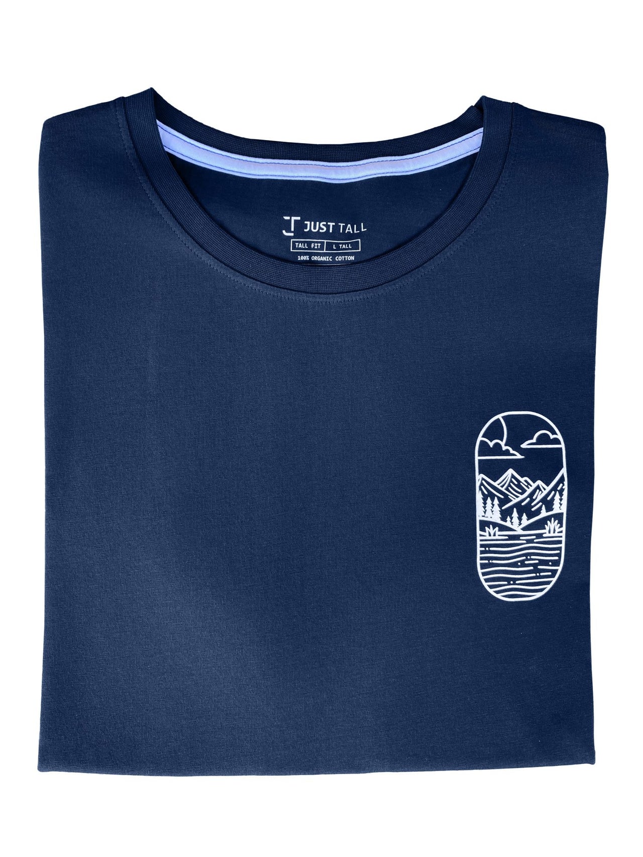 A close up of a tall navy graphic t-shirt.