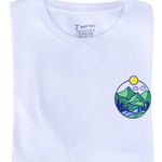 A close up of a tall white graphic t-shirt.