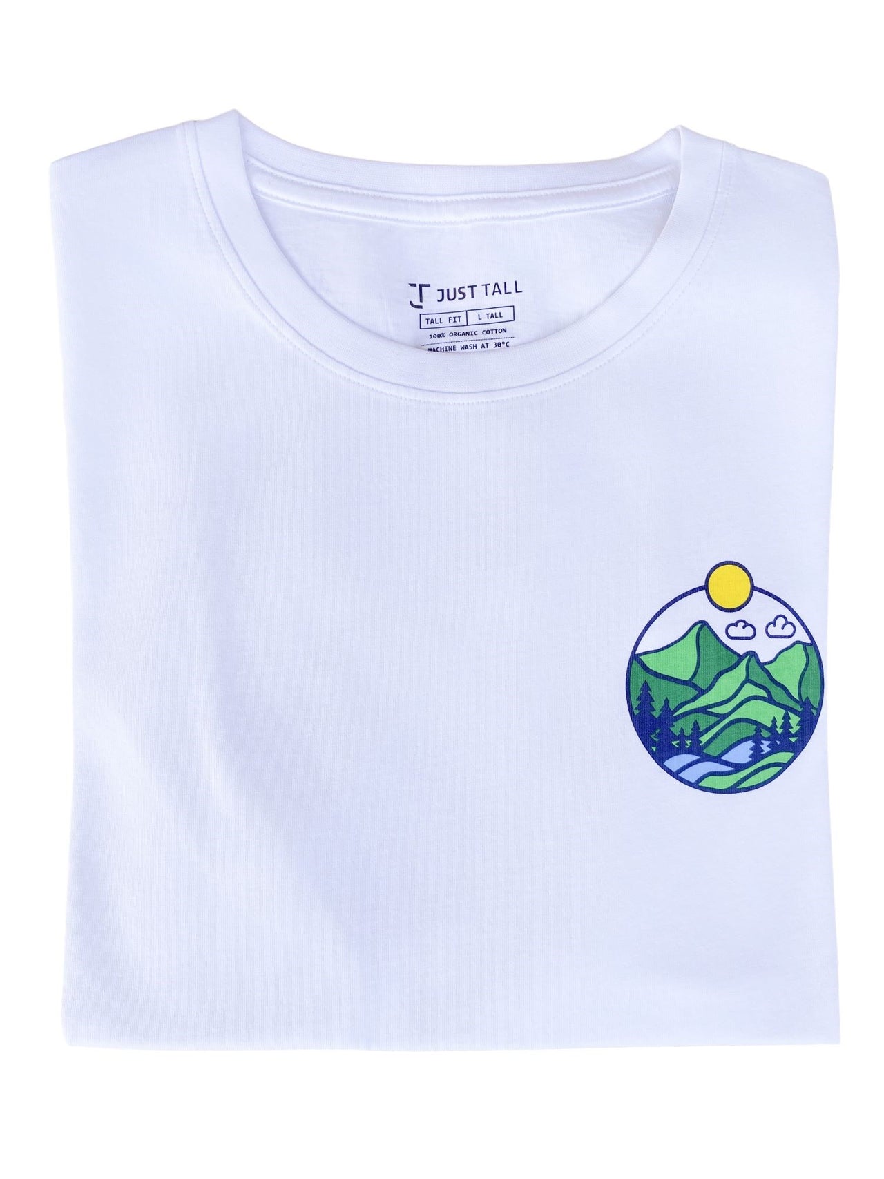 A close up of a tall white graphic t-shirt.