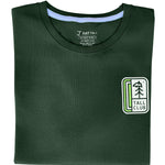 A close up of a tall green graphic t-shirt.