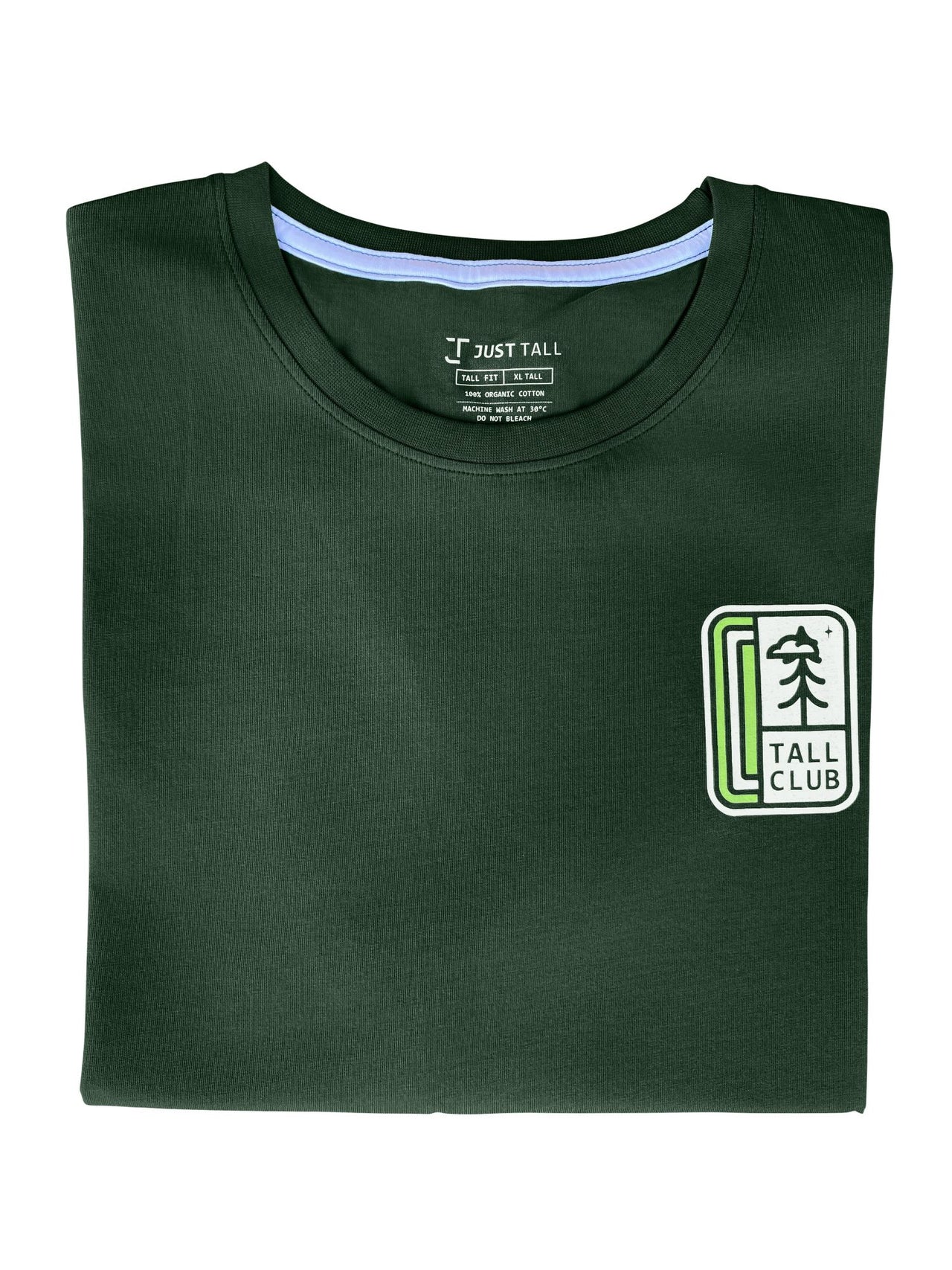 A close up of a tall green graphic t-shirt.