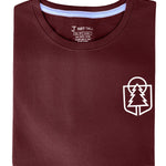 A close up of a tall maroon graphic t-shirt.