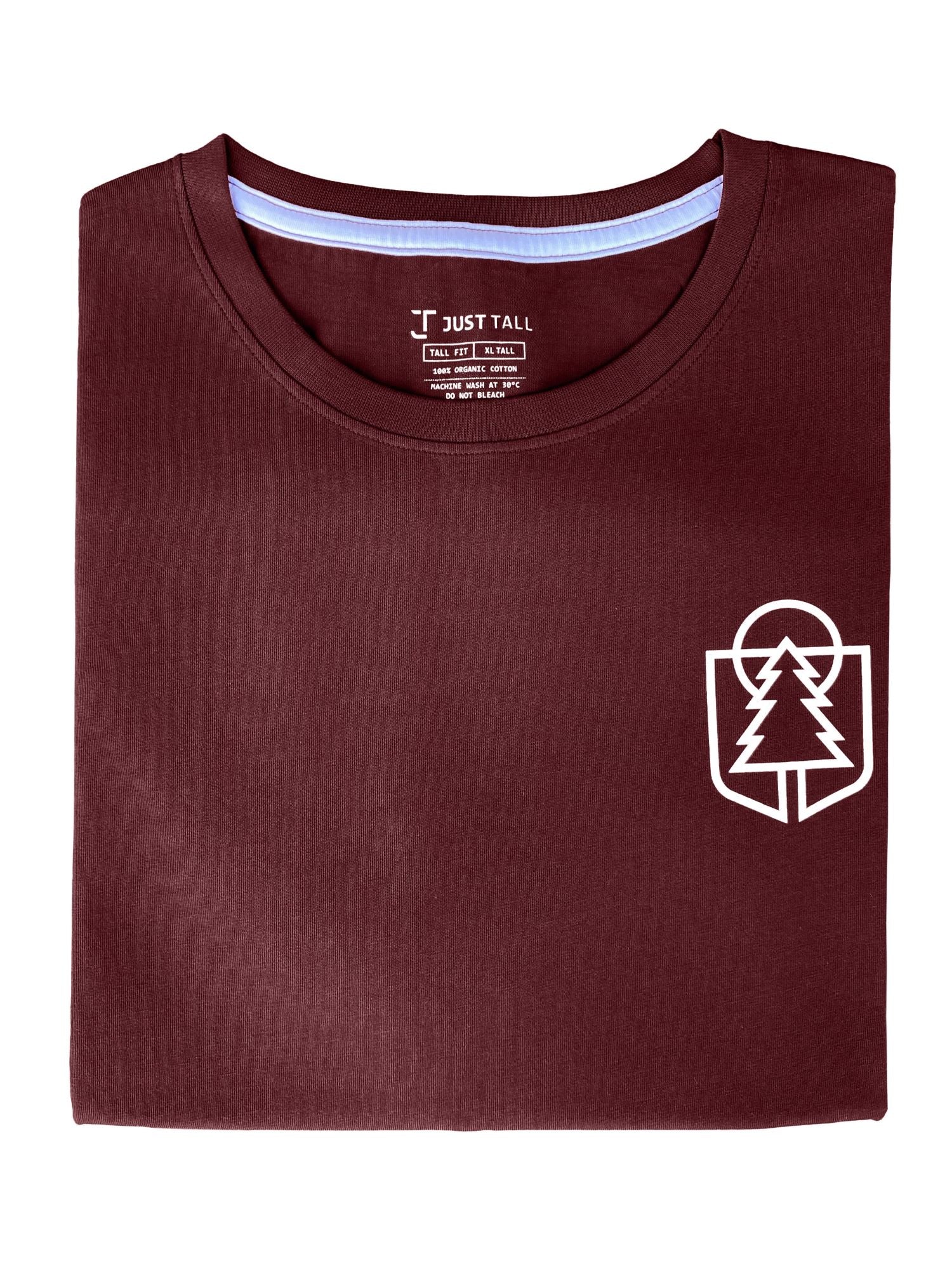 A close up of a tall maroon graphic t-shirt.