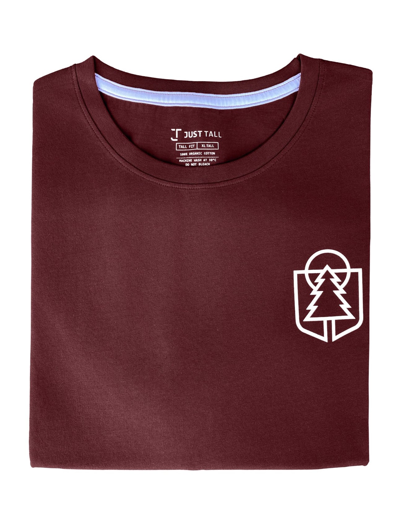 A close up of a tall maroon graphic t-shirt.