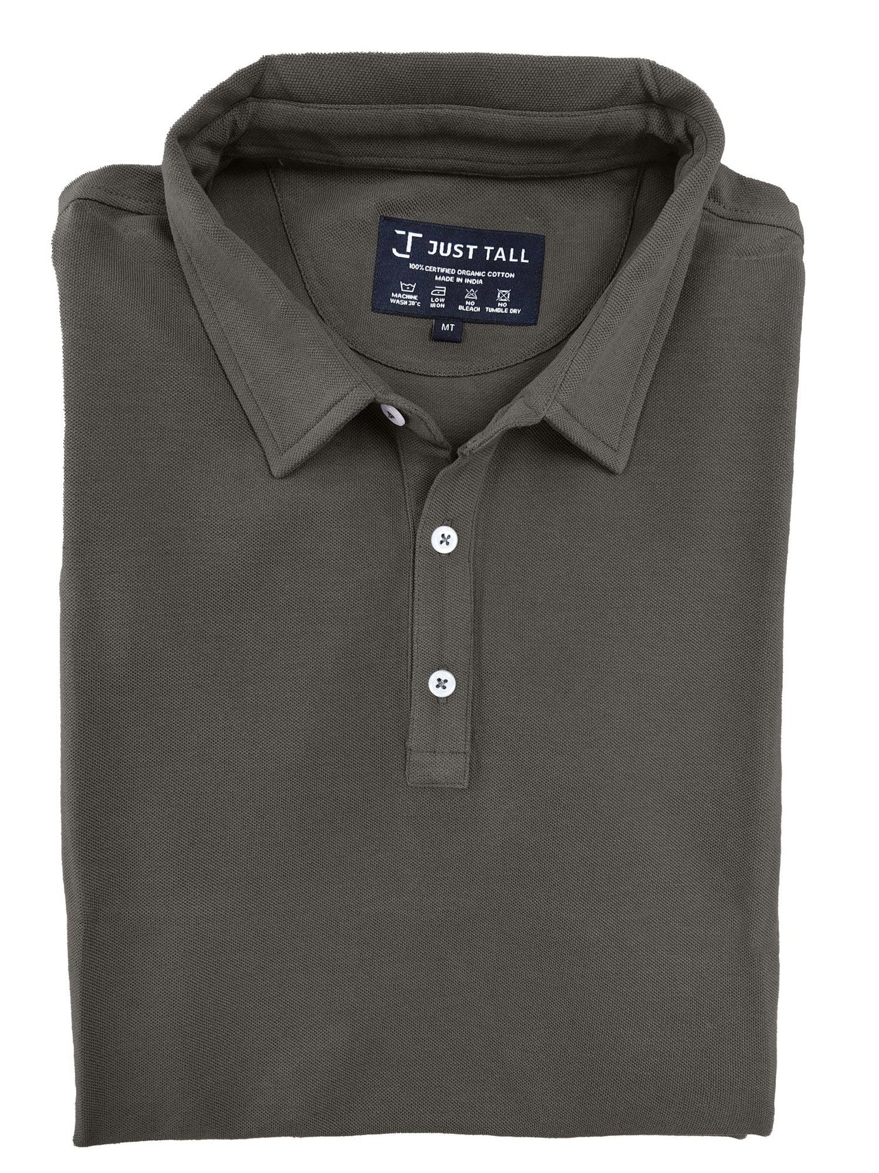 A close up of a grey tall polo shirt.
