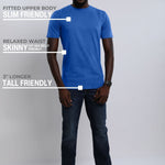 A head to toe shot of a tall athletic guy wearing a medium blue large tall t-shirt.