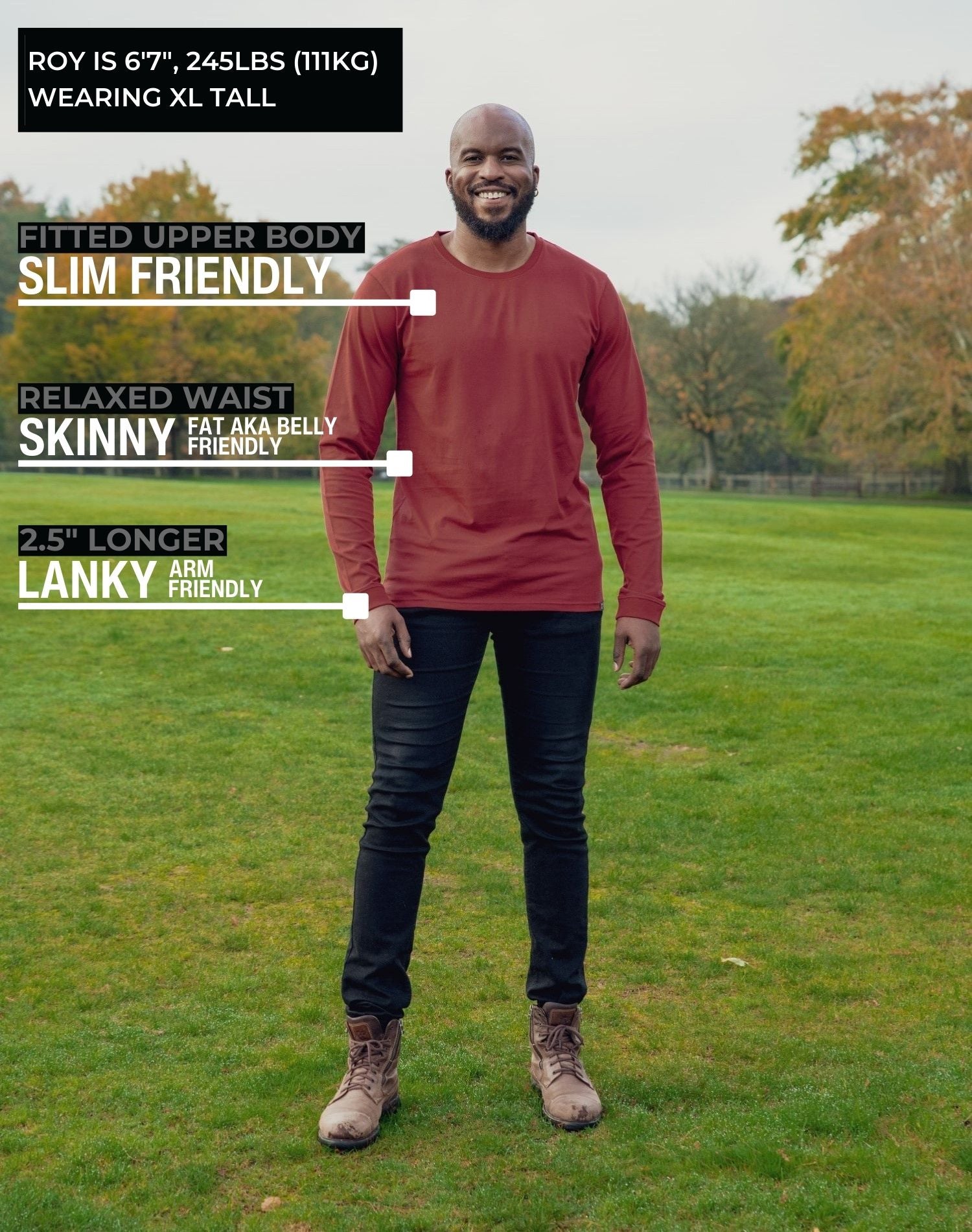 A head to toe shot of a tall athletic guy in a park wearing a dark orange long sleeve tall t-shirt.