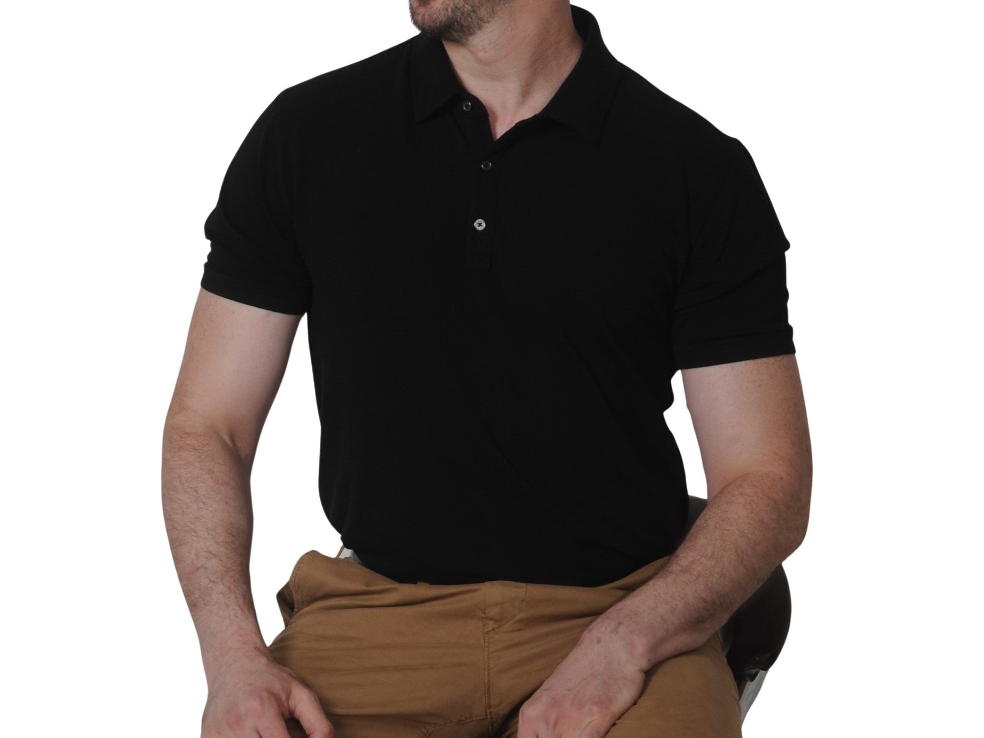 Close-up of the fitted polo sleeves with fitted rib cuffs.