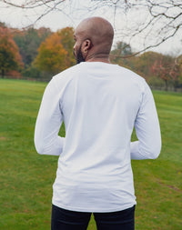 Thumbnail for A shot from behind of a tall athletic guy wearing a long sleeve white tall t-shirt.