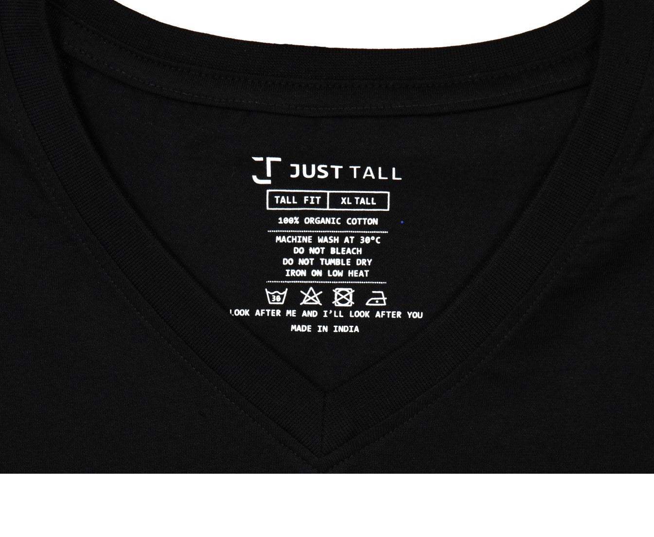 Close up of our V-neck and printed neck label.